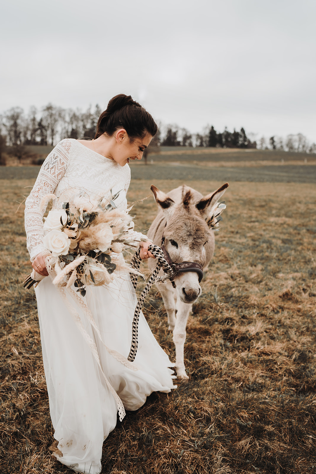 Braut mit Esel auf Feld